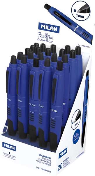 Milan Compact Expositor de 20 Boligrafos de Bola Retractiles - Punta Redonda 1mm - Cuerpo Azul/Negro - Color Azul