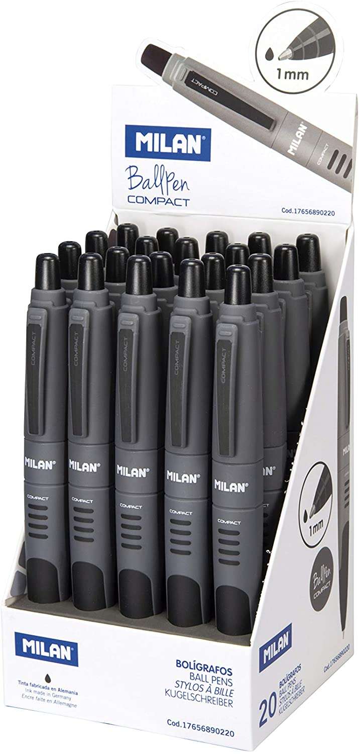 Milan Compact Expositor de 20 Boligrafos de Bola Retractiles - Punta Redonda 1mm - Cuerpo Gris/Negro - Color Negro