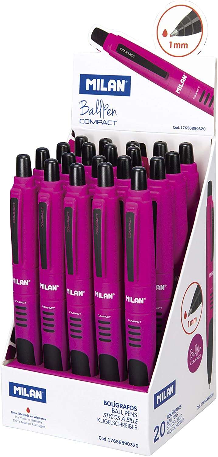 Milan Compact Expositor de 20 Boligrafos de Bola Retractiles - Punta Redonda 1mm - Cuerpo Violeta/Negro - Color Rojo
