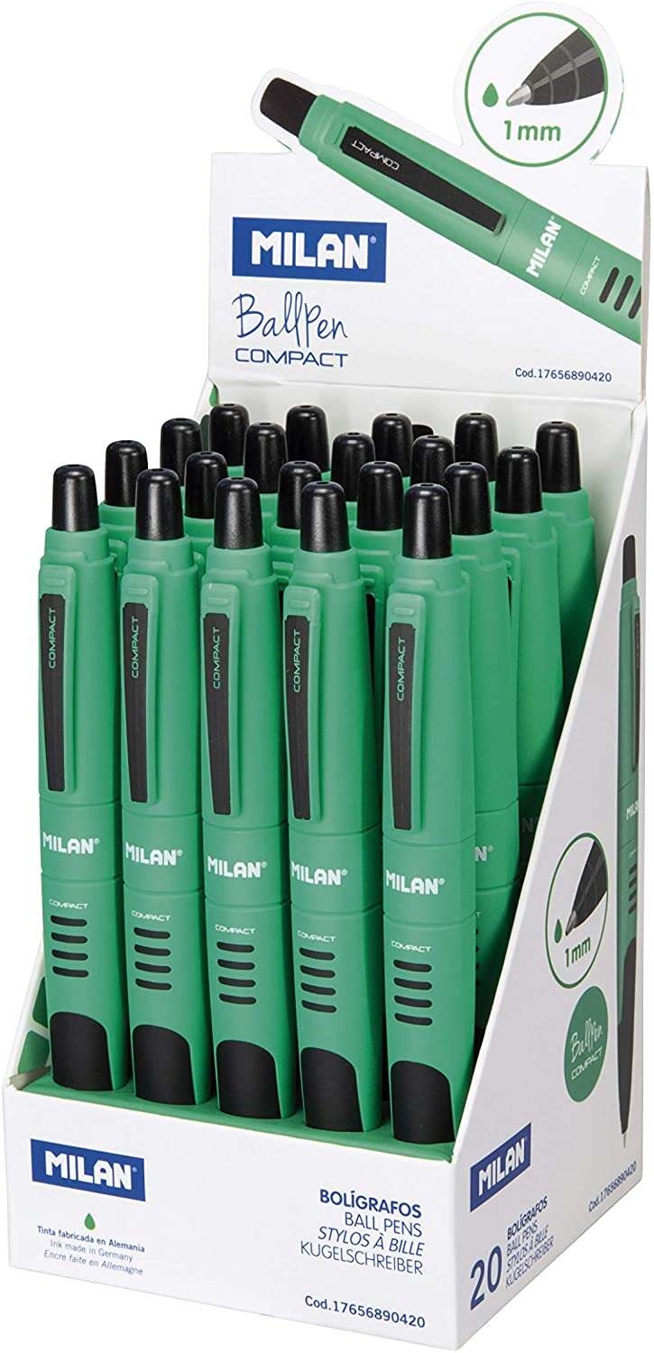 Milan Compact Expositor de 20 Boligrafos de Bola Retractiles - Punta Redonda 1mm - Cuerpo Verde/Negro - Color Verde