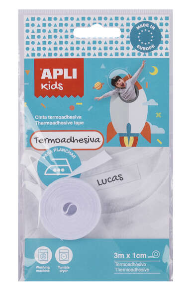 Apli Cinta Termoadhesiva para Marcar Ropa - 10mmx3m - 70% Poliester y 30% Algodon - Resistente a Lavadora y Secadora - Facil Uso con Boligrafo Comun - Color Blanco