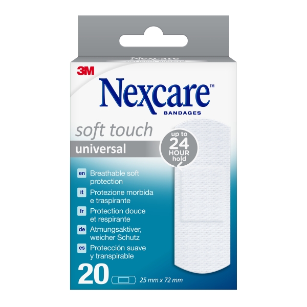 Nexcare Universal Soft Touch Pack de 20 Apositos para Heridas - 25x72mm - Transpirable - Tacto Agradable - Color Blanco Nexcare Universal Soft Touch Pack de 20 Apositos para Heridas - 25x72mm - Transpirable - Tacto Agradable - Color Blanco