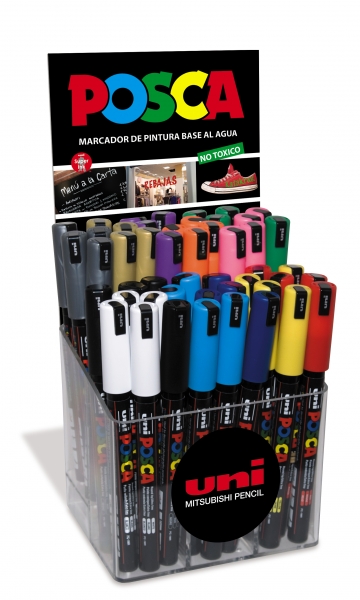Posca PC-1MR Expositor de 48 Marcadores de Pintura - Punta Roller de Fibra 0.7mm - Tinta Pigmentada Base al Agua - Resistente a la Luz - Colores Surtidos