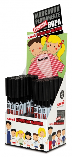 Uni-ball PNA-125 Super Ink Expositor de 36 Marcadores Textiles - Punta Acrilica 0.9mm - Tinta Pigmentada Base Aceite - Color Negro