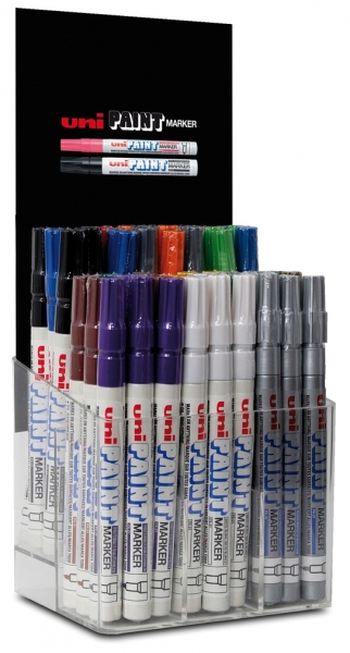 Uni-ball PX-21 Expositor de 54 Marcadores de Pintura - Punta Acrilica de Bala 0.8-1.2mm - Linea Fina - Cuerpo de Aluminio - Tinta Permanente Resistente a Luz y Agua - Colores Surtidos