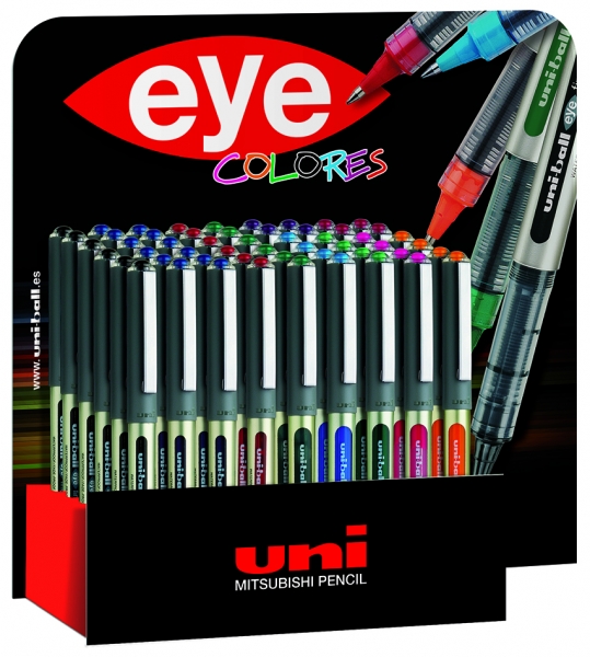 Uni-ball UB-157 Eye Fine Expositor de 54 Boligrafos de Tinta Liquida - Punta de Bola 0.7mm - Tinta Resistente al Agua y Luz - Sistema de Control de Tinta - Ventana de Nivel de Tinta - Colores Surtidos