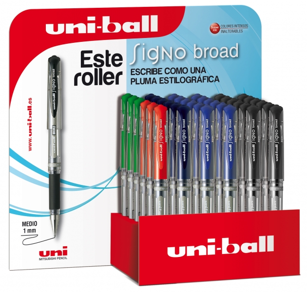 Uni-ball Signo Broad UM-153/3D Expositor de 36 Rollers de Tinta Gel - Punta de Bola 1mm - Trazo Estilo Pluma - Sujecion de Caucho - Color Surtido