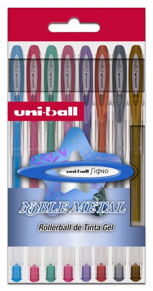 Uni-ball UM-120 NM Signo Noble Metal Pack de 8 Boligrafos de Tinta Gel - Punta de Bola 0.8mm - Tinta Resistente al Agua y Luz - Escribe en Papel Negro y Blanco - Colores Metalicos Surtidos
