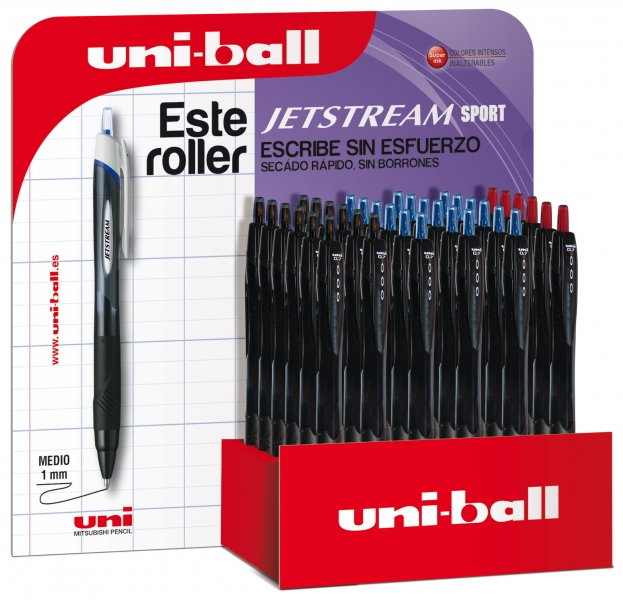 Uni-ball SXN-157 JetStream Sport Expositor de 36 Boligrafos Retractiles - Punta de Bola 0.7mm - Tinta Pigmentada Resistente al Agua y Luz - Secado Instantaneo - Colores Surtidos