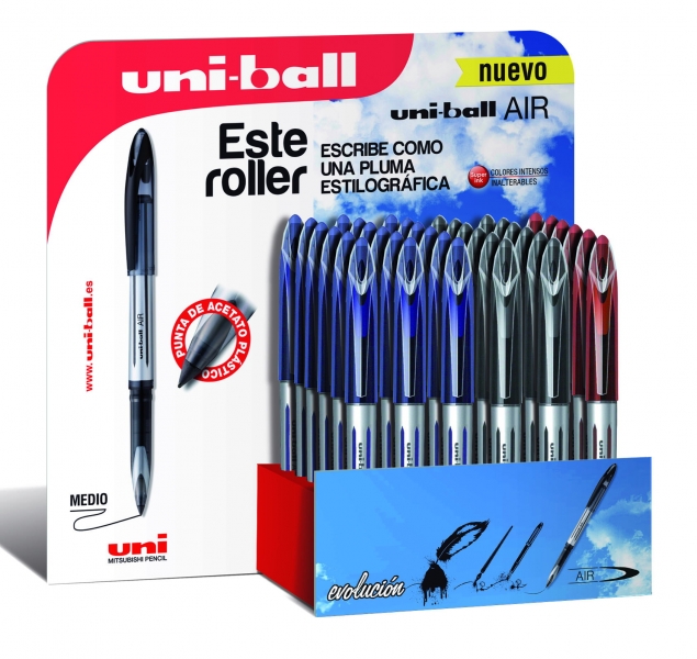 Uni-ball Air 188 Expositor de 36 Rollerballs - Punta de Bola 0.7mm - Escritura como Pluma Estilografica - Tinta Pigmentada Resistente al Agua y Luz - Colores Surtidos