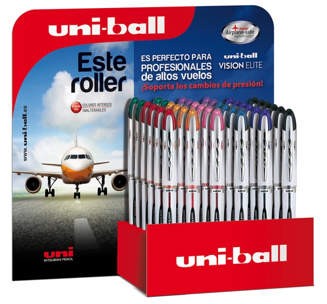 Uni-ball Vision Elite UB-200 Expositor de 36 Rollerballs de Tinta Liquida - Punta de Bola 0.8mm - Sistema Antifugas para Viajes - Cartucho Recambiable - Color Surtido