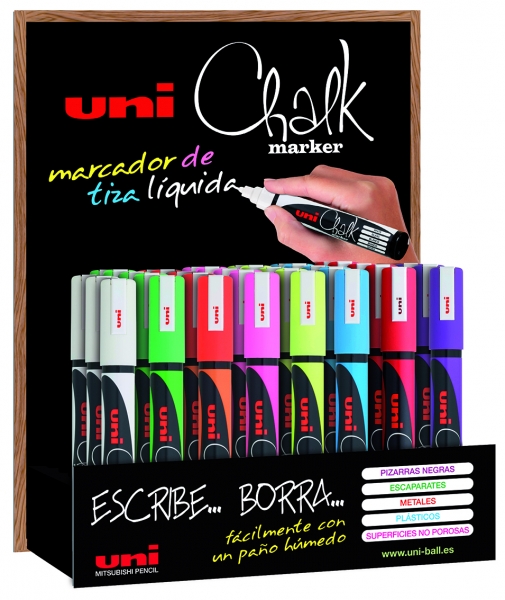 Uni-ball Chalk PWE-5M Expositor de 36 Marcadores de Tiza Liquida - Punta Conica 1.8-2.5mm - Borrado en Humedo - Resistente a la Lluvia - Colores Surtidos