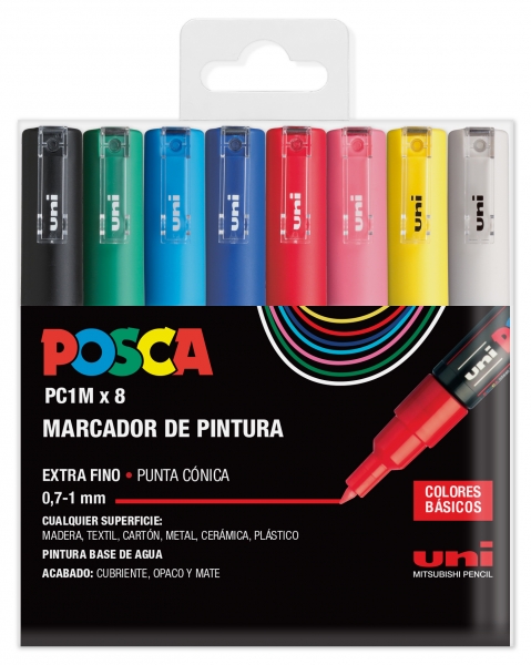 Posca PC1M Pack de 8 Marcadores de Pintura - Punta Conica 0.7mm - Tinta Base al Agua - No Permanente - Resistente a la Luz - Inodoro - Ideal para Carteleria y Decoracion - Colores Surtidos