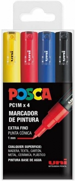 Posca PC1M Pack de 4 Marcadores de Pintura - Punta Conica 0.7mm - Tinta Base al Agua - No Permanente - Resistente a la Luz - Colores Amarillo, Rojo, Azul y Negro
