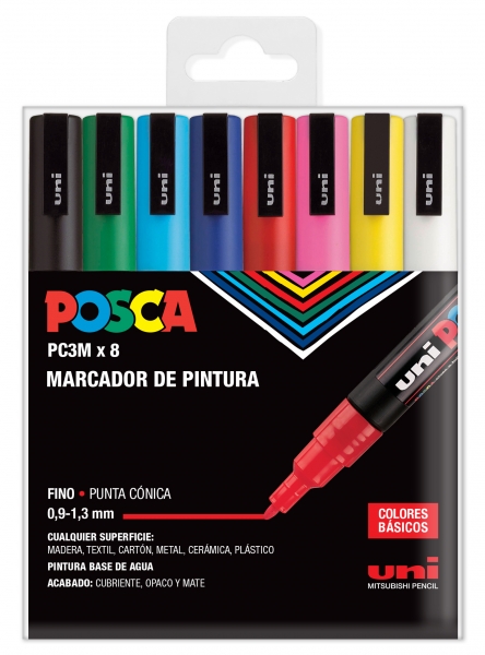Posca PC3M Pack de 8 Marcadores de Pintura - Punta Conica 0.9-1.3mm - Tinta Base al Agua - Resistente a la Luz - No Permanente - Ideal para Carteleria y Decoracion - Colores Surtidos