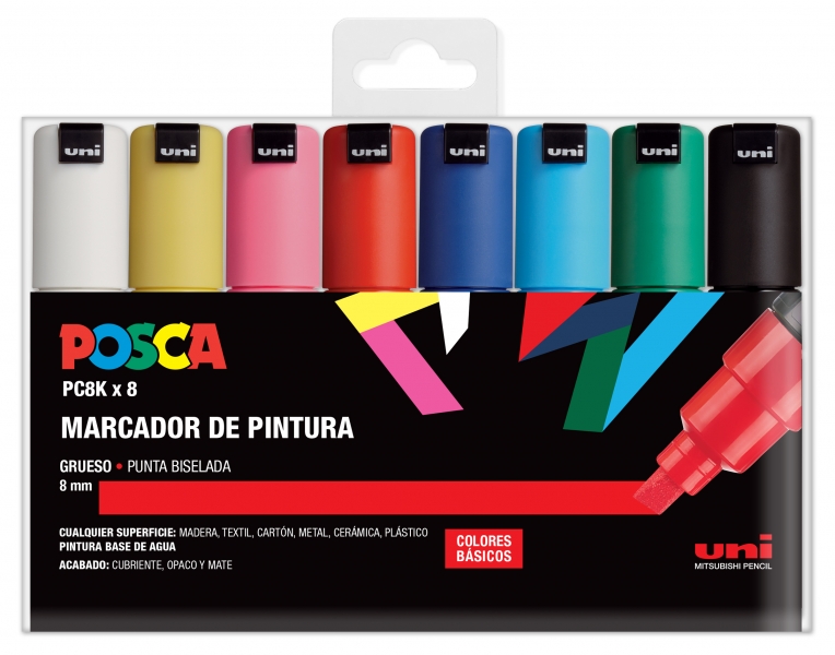 Posca PC-8K/8C Estuche de 8 Marcadores de Pintura - Punta Biselada Acrilica 8mm - Tinta Base al Agua - Resistente a la Luz - Color Surtido