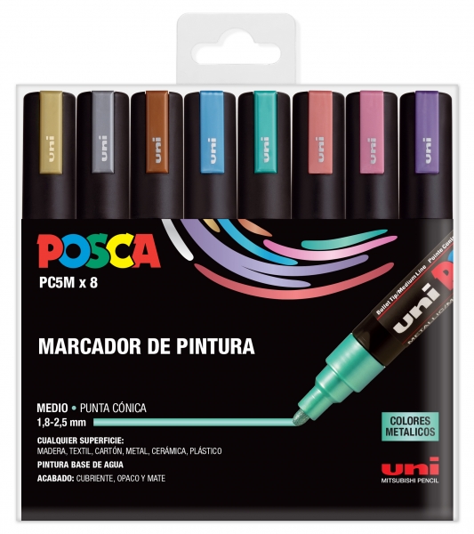 Posca PC-5M/8C Estuche de 8 Marcadores de Pintura - Punta de Bala 1.8-2.5mm - Tinta Base al Agua - Resistente a la Luz - No Permanente - Colores Surtidos