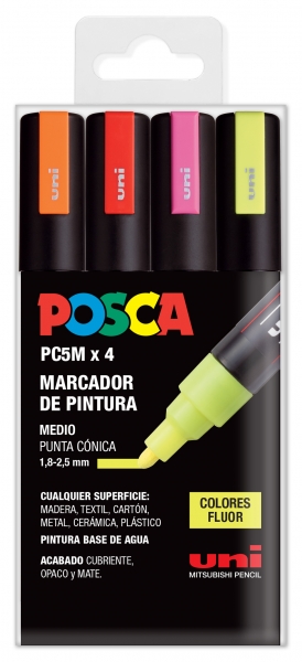 Posca PC-5M Pack de 4 Marcadores de Pintura - Punta de Bala 1.8-2.5mm - Tinta Base al Agua - No Permanente - Resistente a la Luz - Colores Fluor Surtidos