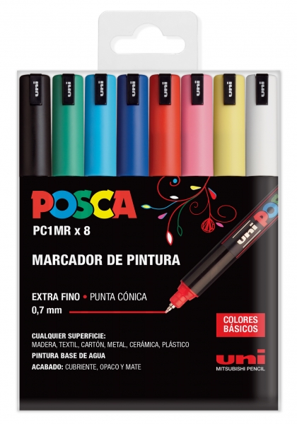 Posca PC1MR Pack de 8 Marcadores de Pintura - Punta Roller de Fibra 0.7mm - Tinta Pigmentada Base al Agua - Resistente a la Luz - Colores Surtidos