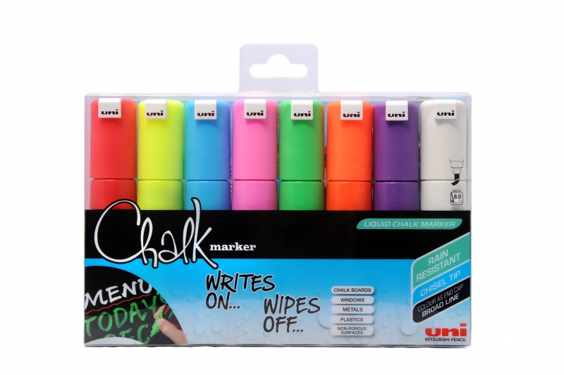 Uni-ball Chalk PWE-8K Pack de 8 Marcadores de Tiza Liquida - Punta Biselada 8mm - Borrado en Humedo - Resistente a la Lluvia - Colores Surtidos