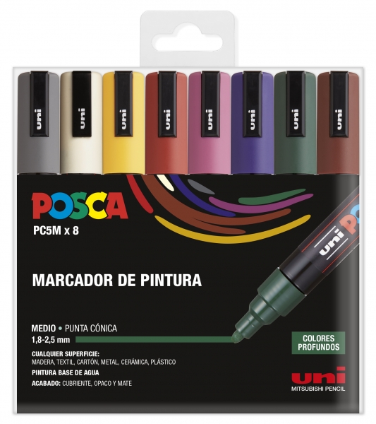 Posca PC-5M Estuche de 8 Marcadores de Pintura - Punta de Bala 1.8-2.5mm - Tinta Base al Agua - Resistente a la Luz - No Permanente - Color Surtido