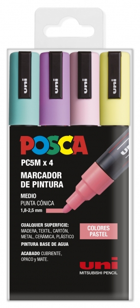 Posca PC-5M Pack de 4 Marcadores de Pintura - Punta de Bala 1.8-2.5mm - Tinta Base al Agua - No Permanente - Resistente a la Luz - Colores Pastel Surtidos