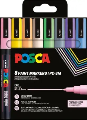 Posca PC3M Pack de 8 Marcadores de Pintura - Punta Conica 0.9-1.3mm - Tinta Base al Agua - Resistente a la Luz - Ideal para Carteleria y Decoracion - Colores Surtidos Pastel