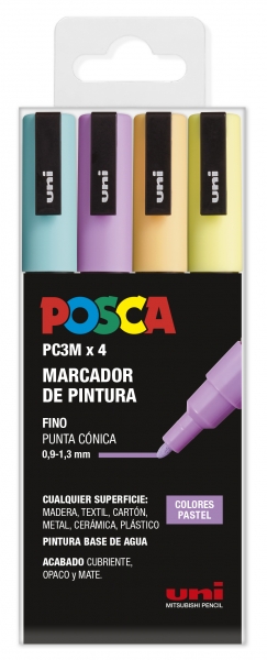 Posca PC3M Pack de 4 Marcadores de Pintura - Punta Conica 0.9-1.3mm - Tinta Base al Agua - Resistente a la Luz - No Permanente - Ideal para Carteleria y Decoracion - Colores Surtidos Pastel