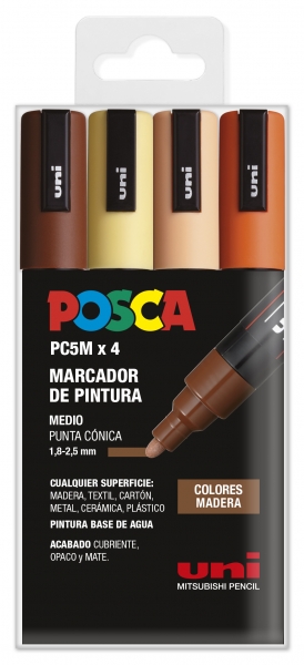 Posca PC-5M Estuche de 4 Marcadores de Pintura - Punta de Bala 1.8-2.5mm - Tinta Base al Agua - Resistente a la Luz - No Permanente - Color Surtido