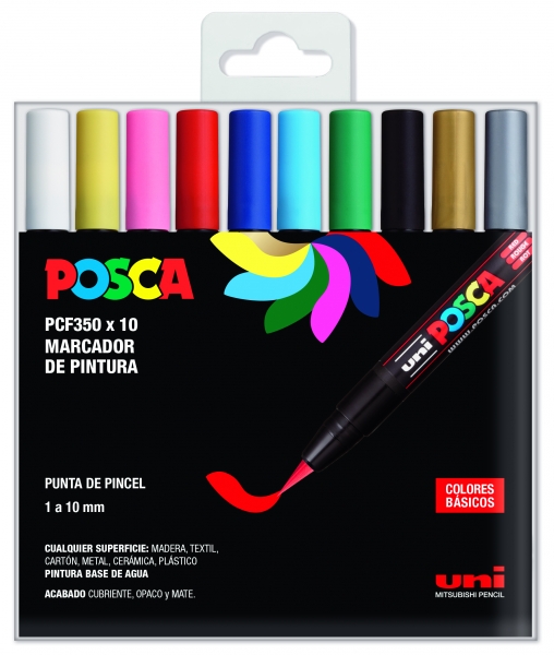 Posca PCF-350/10C Estuche de 10 Marcadores de Pintura Base al Agua - Punta Acrilica Estilo Pincel - No Permanente - Resistente a la Luz - Inodoro - Ideal para Carteleria y Decoracion - Color Surtido