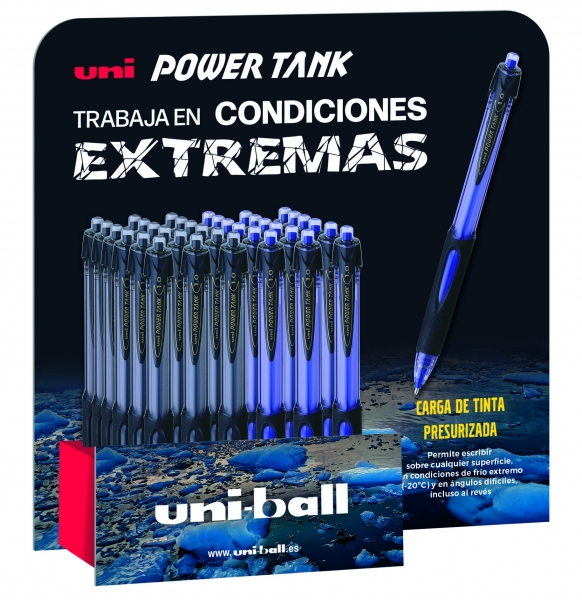 Uni-ball 220 Power Tank Expositor de 36 Boligrafos - Punta de Bola 1mm - Carga Presurizada - Escribe en Cualquier Superficie - Soporta Temperaturas Extremas - Colores Surtidos