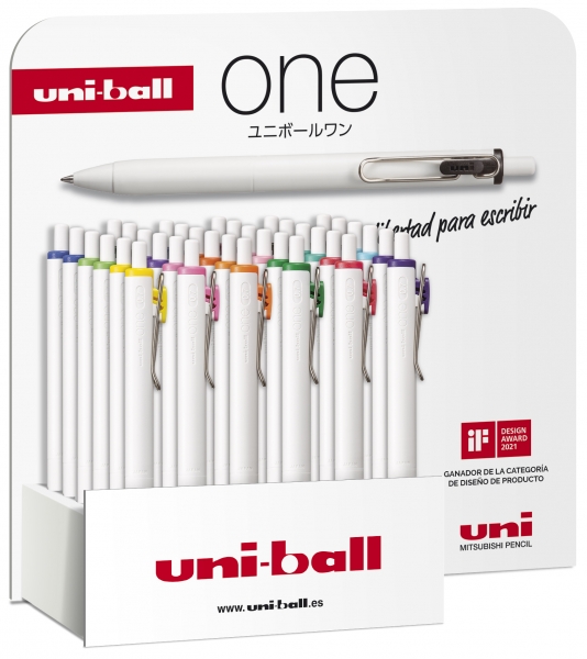Uni-ball ONE UMN-S-07 Expositor de 36 Boligrafos de Tinta - Punta de Bola 0.7mm - Escritura Ultra Fluida - Agarre Suave y Comodo - Color Surtido