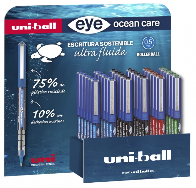 Uni-ball Eye Ocean Care UB-150ROP Expositor de 36 Boligrafos de Tinta Liquida - Punta de Bola 0.5mm - Tinta Pigmentada Resistente al Agua y Luz - Sistema de Control de Tinta - Color Surtido