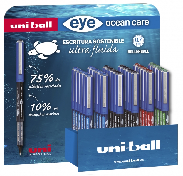 Uni-ball Eye Ocean Care UB-1570ROP Expositor de 36 Boligrafos de Tinta Liquida - Punta de Bola 0.7mm - Trazo 0.5mm - Tinta Pigmentada Resistente al Agua y Luz - Color Surtido