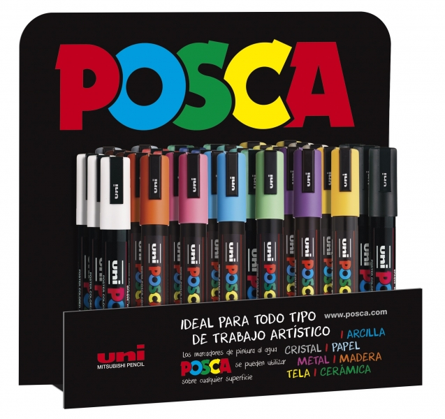 Posca PC-5M Expositor de 36 Marcadores de Pintura - Punta de Bala 1.8-2.5mm - Tinta Base al Agua - No Permanente - Resistente a la Luz - Colores Surtidos