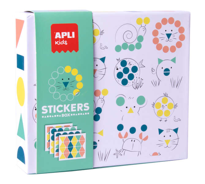 Apli Kids Juego de Gomets Animales - 8 Laminas Ilustradas de 200G - 8 Hojas de Gomets Removibles Geometricos - Libro Guia con Ejemplos - Alto Valor Didactico - Caja de Carton con Diseño Exclusivo