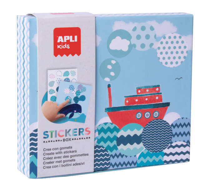 Apli Kids Juego de Gomets Barco - 8 Laminas Ilustradas de 200G - 8 Hojas de Gomets Removibles Geometricos - Libro Guia con Ejemplos - Alto Valor Didactico - Caja de Carton con Diseño Exclusivo