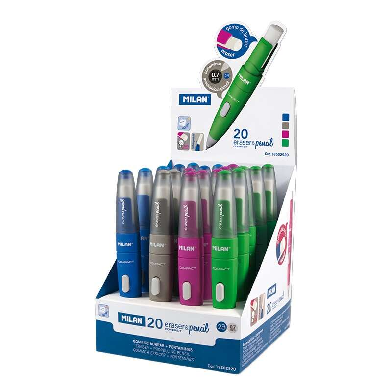 Milan Compact Expositor de 20 Portaminas - Mina 0.7mm 2B Grafito - Pulsador Mecanico - Goma Milan Extra Grande - Colores Surtidos