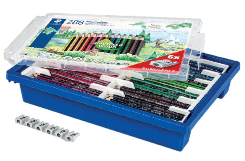 Staedtler Noris Colour 185 Contenedor de Plastico Rigido con 288 Lapices Hexagonales de Colores + 6 Sacapuntas de Regalo - Resistencia a la Rotura - Ideal para Colegios - Colores Surtidos