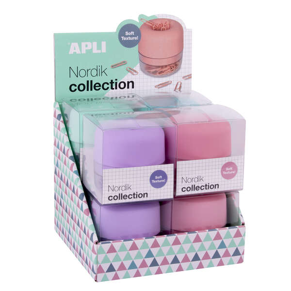 Apli Nordik Collection Expositor de Clips - Ø72x72mm - 8 Dispensadores en 4 Colores Pastel - Tapa Magnetica \"Soft Touch\" y Textura Silicona - Incluye 50 Clips de 28mm