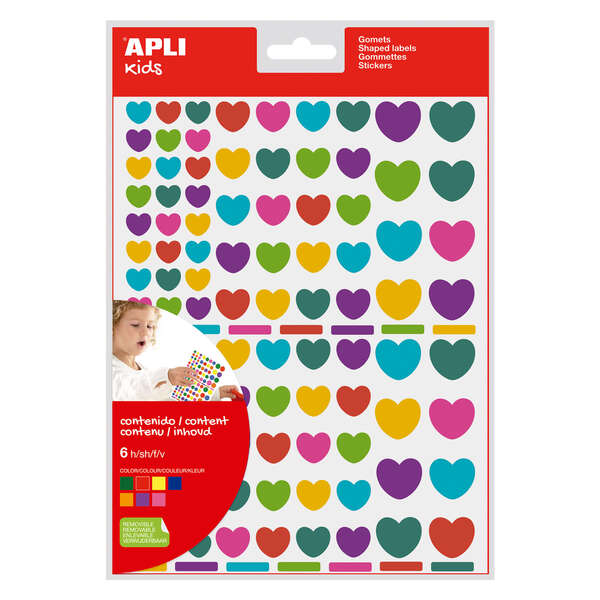 Apli Pack de 624 Gomets con Forma de Corazon Adhesivo Removible - Ideales para Escuelas Infantiles - Desarrollo de Habilidades y Creatividad - Colores y Tamaños Surtidos