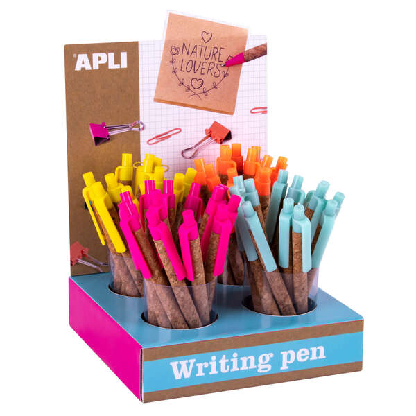 Apli Expositor Boligrafos Metalicos de Corcho Fluor Collection - Cuerpo de Corcho - 48 Boligrafos con Tinta de Aceite y Punta de 1mm - Colores Fucsia, Turquesa, Naranja y Amarillo - Resistentes y de Larga Duracion