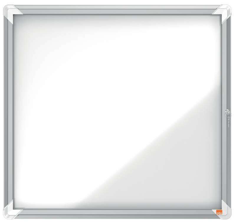 Nobo Vitrina Exteriores 6 Hojas A4 Superficie Blanca Magnetica - 752x692x45mm - Puerta Seguridad Cerradura Marco Aluminio - Color Blanco