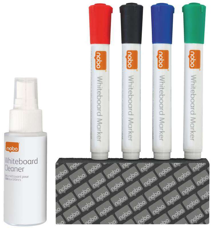 Nobo Pack de Accesorios para Pizarra Blanca - Incluye: 4 Rotuladores Pizarra, Borrador y Spray Limpiador 50Ml - Colores de los Rotuladores Negro, Azul, Rojo, Verde