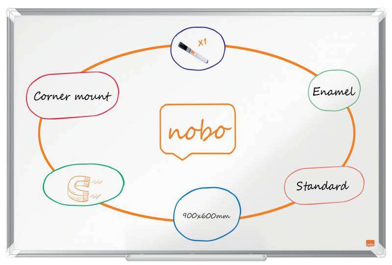 Nobo Premium Plus Pizarra Magnetica de Acero Vitrificado 900x600mm - Montaje en Esquinas - Superficie de Borrado Superior - Color Blanco