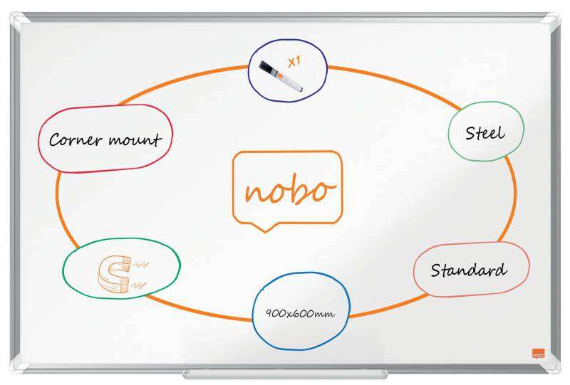 Nobo Premium Plus Pizarra Magnetica de Acero Lacado 900x600mm - Montaje en Esquinas - Superficie de Borrado Facil - Color Blanco