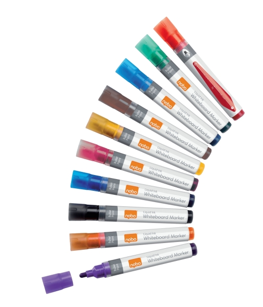 Nobo Pack de 10 Rotuladores para Pizarra Blanca - Punta Redonda 3mm - Tinta Liquida - Ventana para Ver el Nivel de Tinta - Colores Surtidos