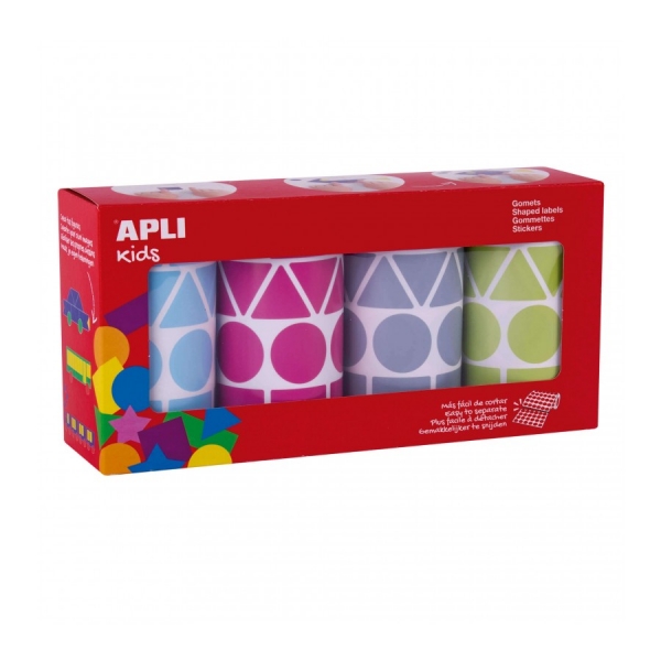 Apli Pack con 4 Rollos de Gomets Geometricos XL - 1357 Gomets por Rollo - Adhesivo Permanente - 5.428 Gomets en Total - Ideales para Escuelas Infantiles - Colores Azul Claro, Fucsia, Grisy Verde Claro