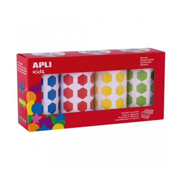 Apli Pack de 4 Rollos de Gomets Hexagonales 20mm - 1770 Gomets por Rollo - Adhesivo Permanente - 7080 Gomets en Total - Ideales para Escuelas Infantiles - Colores Azul, Rojo, Amarillo y Verde