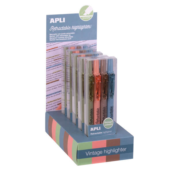Apli Retractable Highlighter Expositor con 5 Packs de 4 Subrayadores Retractiles - Punta Biselada 4mm - Colores Surtidos Vintage